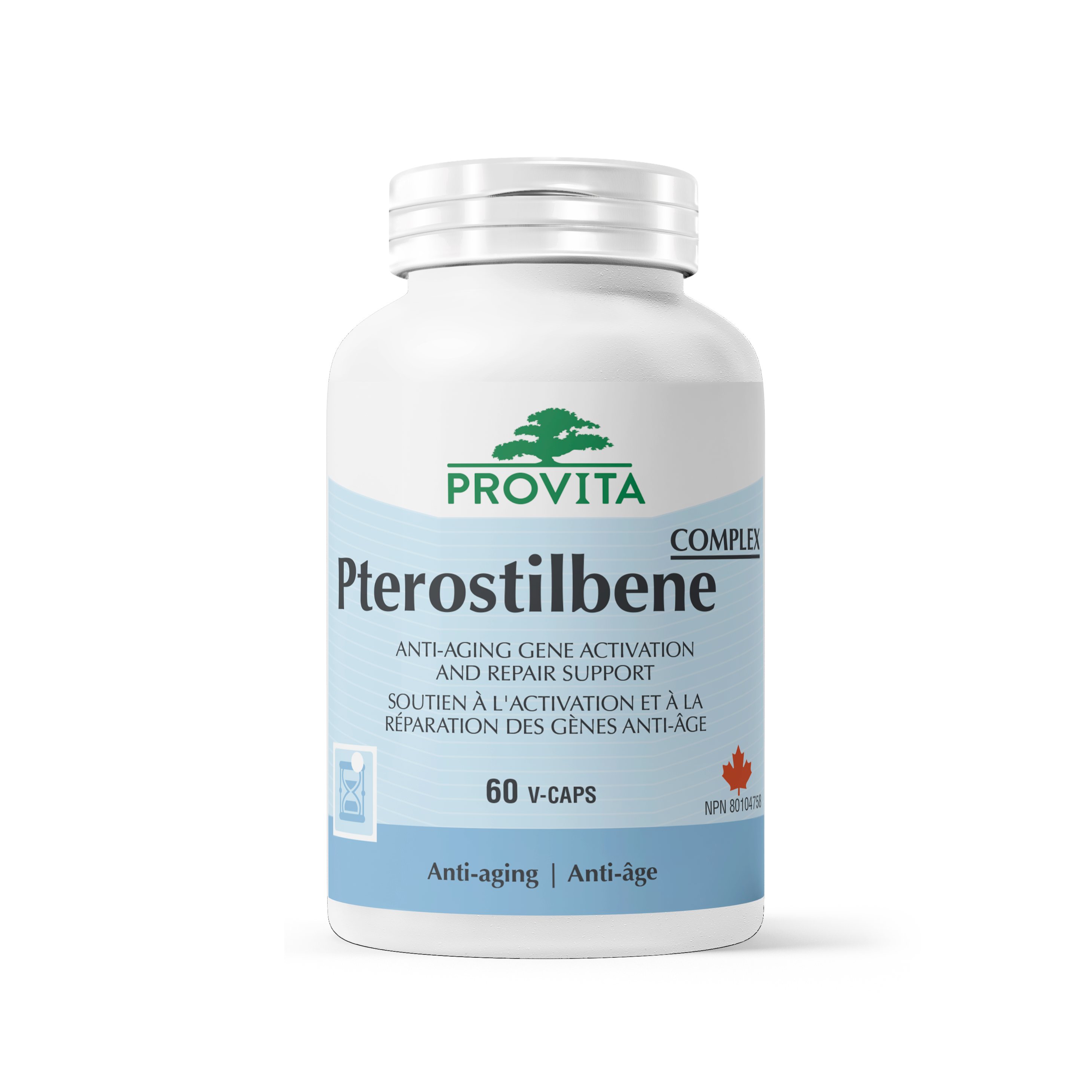 Pterostilbene Complex supplement bottle featuring anti-aging gene activation and repair support.